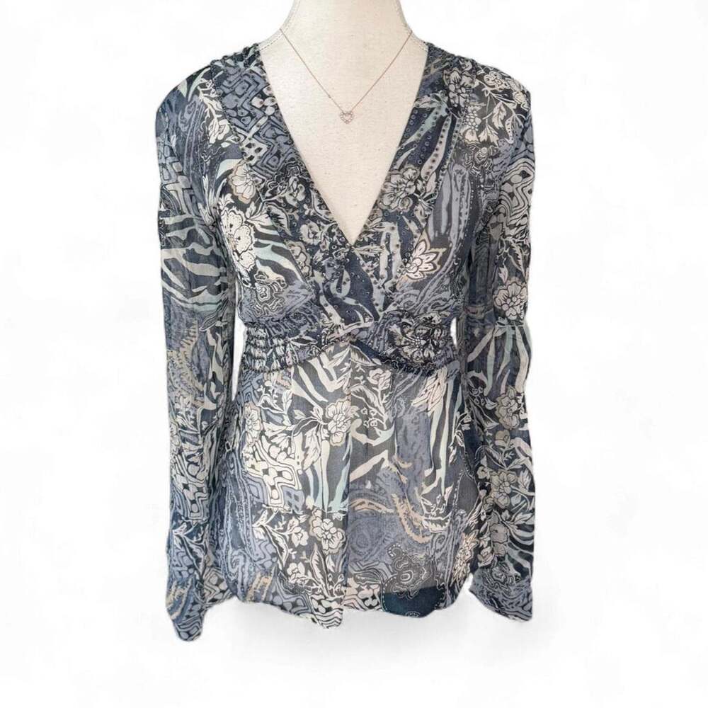 Carole Little silk blouse with white and blue floral and abstract print, size S